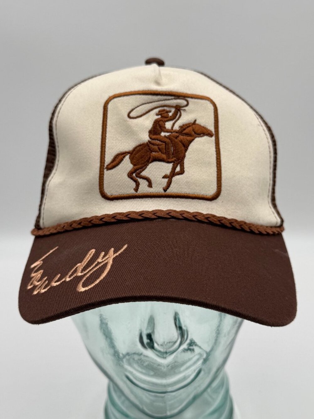 David and Young Cowboy Howdy Trucker Hat Snapback Cap OSFM Brown Cream Horse